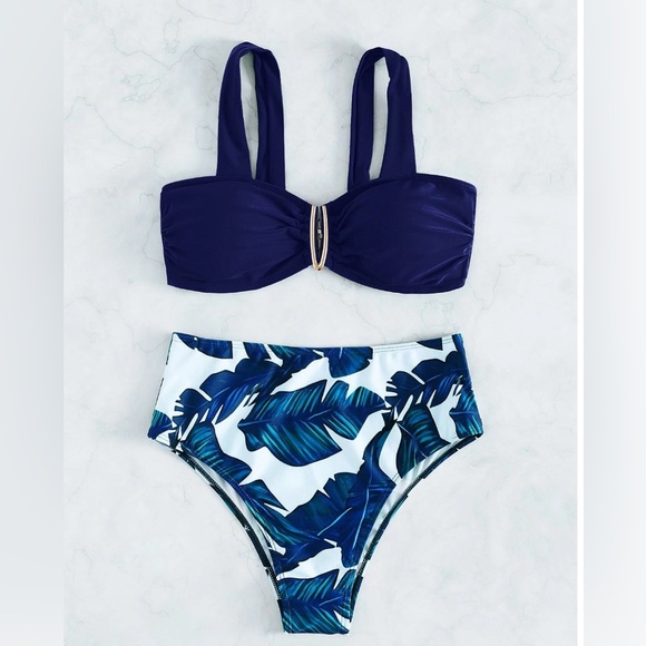 High Waist Blue Tropical Print Bikini Swimsuit - Picture 5 of 8